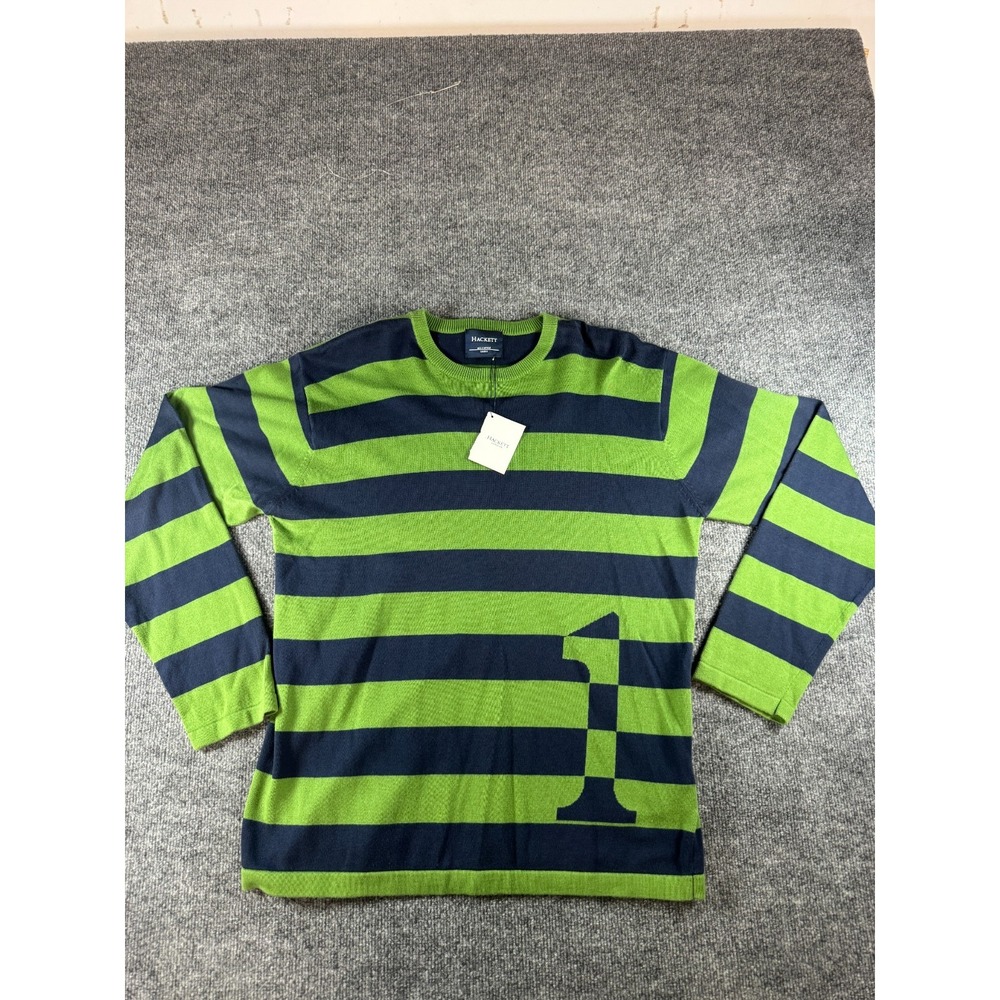Hackett Sweater Mens L Blue Green Striped Knit Regular Fit Long Sleeve Pullover